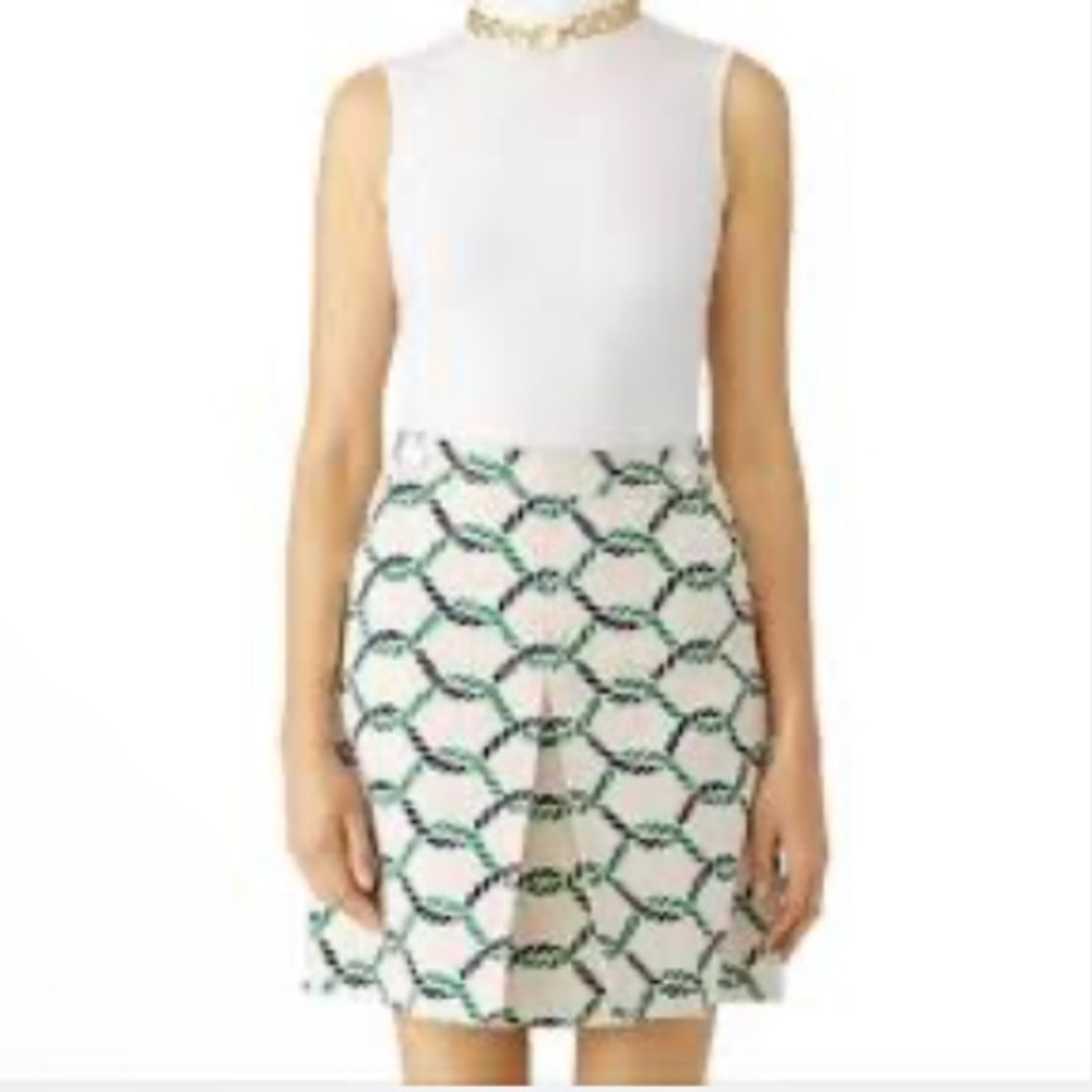Tory Burch Pier Skirt Rope Print Cream/Navy Blue/Green Cotton/Linen Blend Size 0